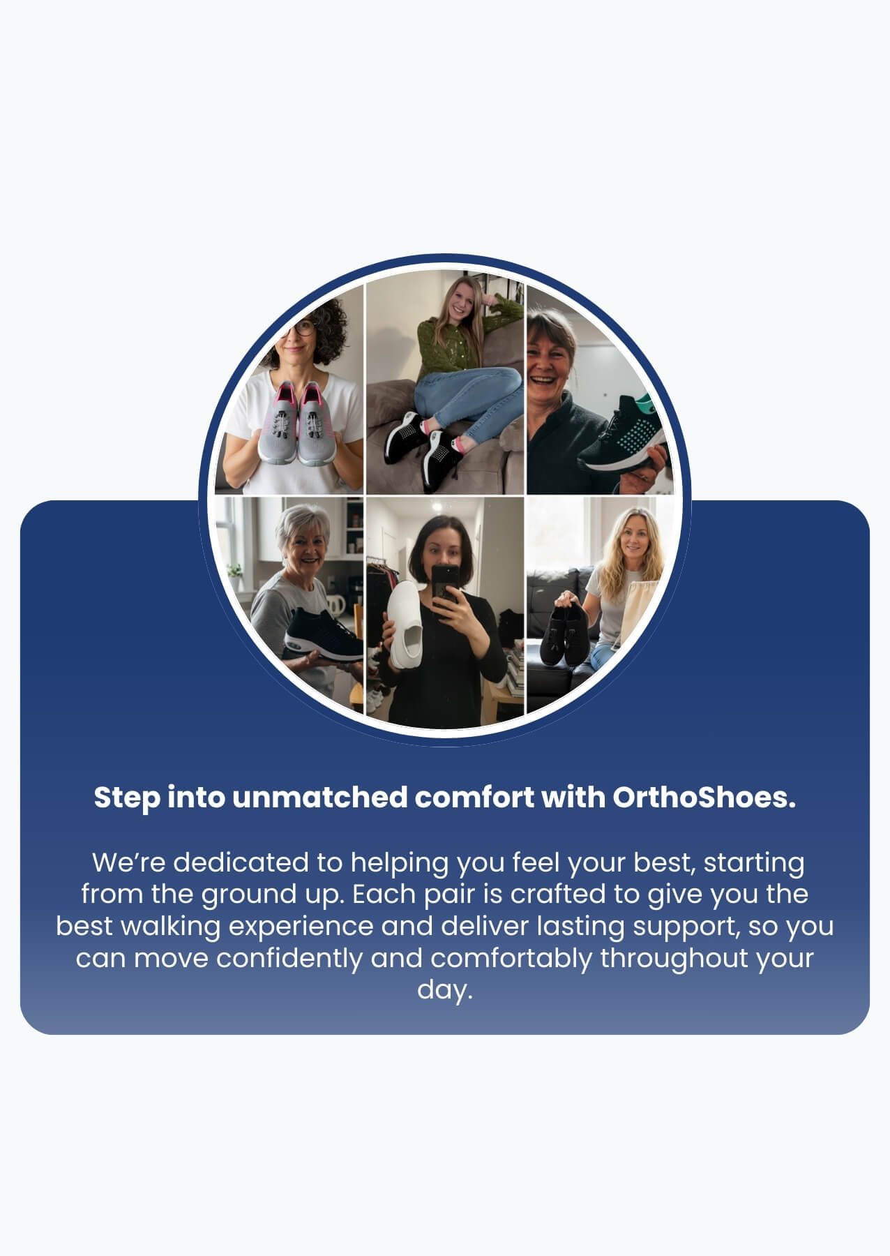 Advertisement for OrthoShoes with a collage of people wearing shoes and text about comfort and support.